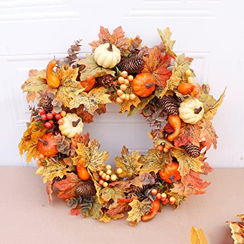 50cm Autumn Door Wreath Artificial Pumpkin Berries Pine Cone Maple Manmade Garland Cloth Rattan Material Home Decoration