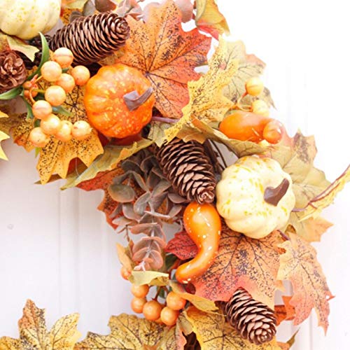 50cm Autumn Door Wreath Artificial Pumpkin Berries Pine Cone Maple Manmade Garland Cloth Rattan Material Home Decoration