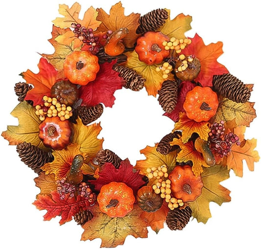 Junejour Fall Wreath 15" Maple Leaves Pumpkin Wreath Pine Cone Berries Door Wreaths for Front Door Outside & Indoor, Decor Wreath for Thanksgiving Christmas Table Decor