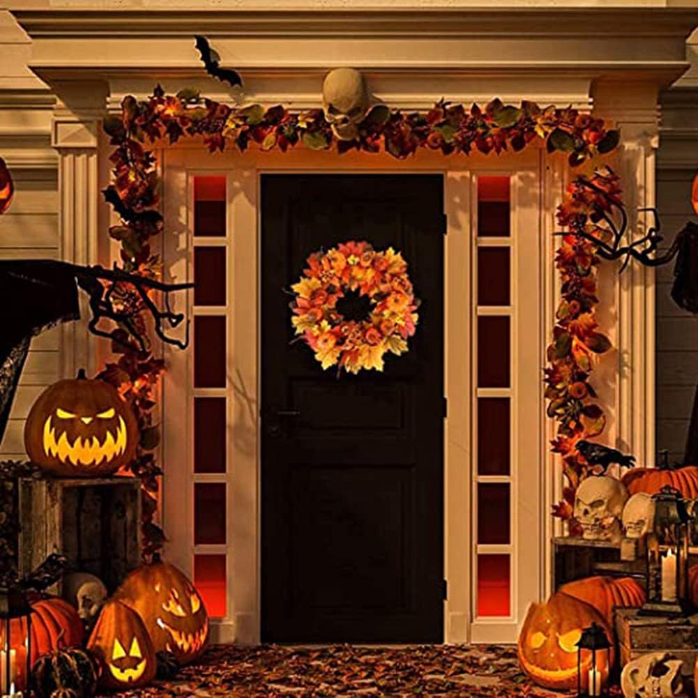 Retro Halloween Thanksgiving Autumn Harvest Artificial Front Door Wall Mount Garland Rattan Home Decoration Pumpkin Maple Leaf Berry Pine Cone