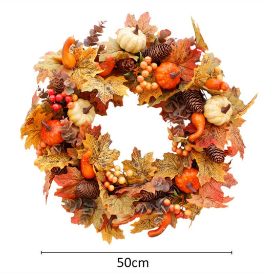 Christmas Wreath Autumn Theme Door Wreath Artificial Pumpkin Berries Pine Cone Maple Manmade Garland Cloth Rattan Material Home Decoration Holiday Decoration