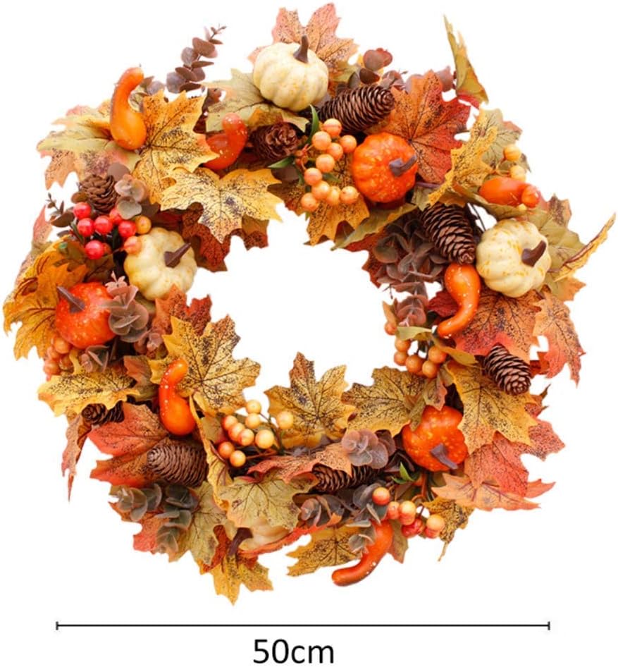 Fall Wreath 20 inch, Autumn Harvest Wreaths for Front Door Outside, Decoration with Maple Leaf, Pumpkin, Berries, for Thanksgiving Day, Halloween, Christmas