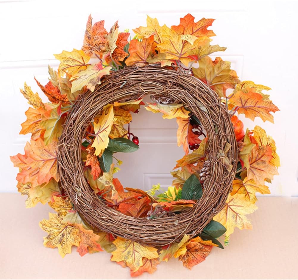 Retro Halloween Thanksgiving Autumn Harvest Artificial Front Door Wall Mount Garland Rattan Home Decoration Pumpkin Maple Leaf Berry Pine Cone