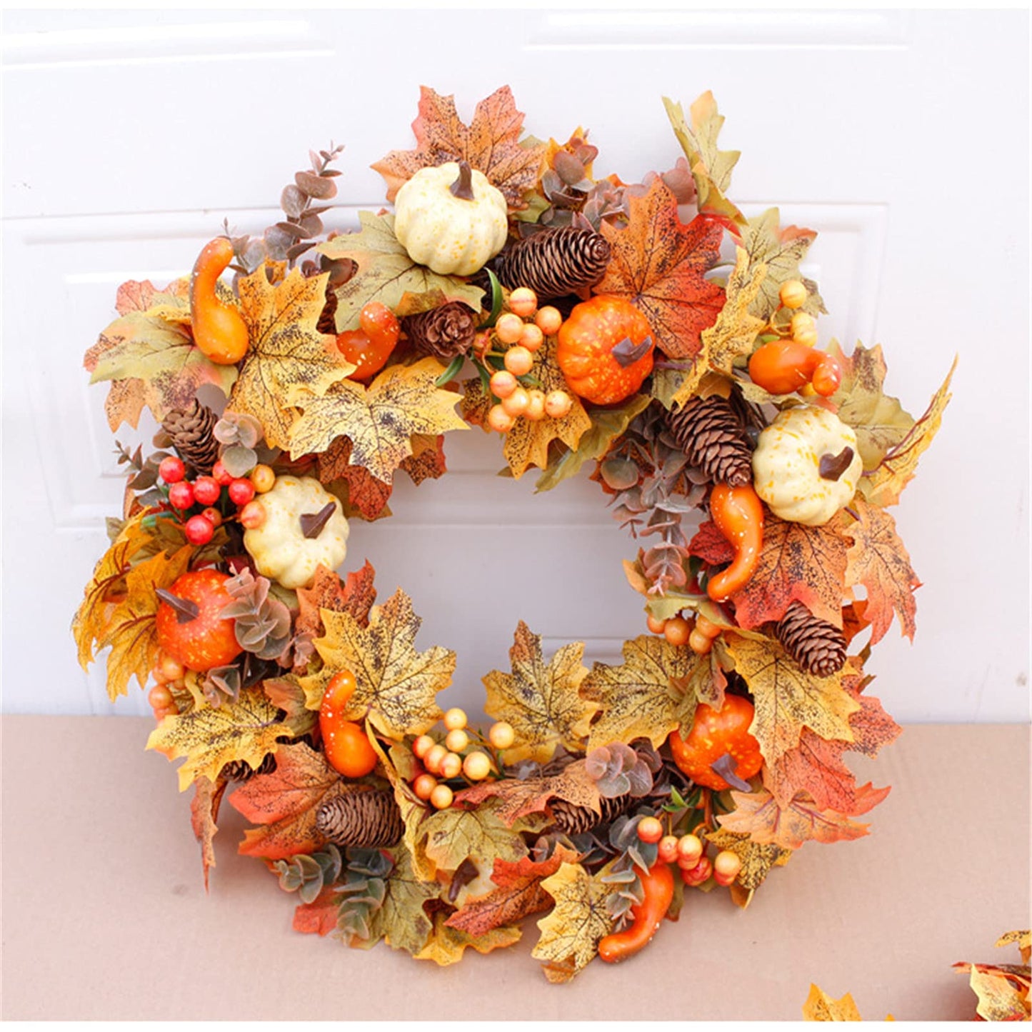 HAO 20 Inch Pumpkins Pinecone Wreath Fall Wreath for Front Door Berry Artificial Maples Leaves Wreath Autumn Harvest Wreath for Thanksgivings Halloween Decoration Indoor Outdoor Window Hanging (A1)