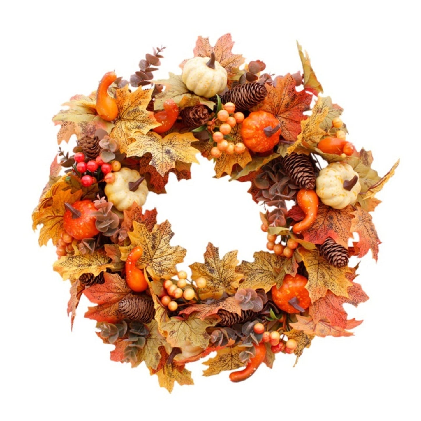 50cm Autumn Door Wreath Artificial Pumpkin Berries Pine Cone Maple Manmade Garland Cloth Rattan Material Home Decoration