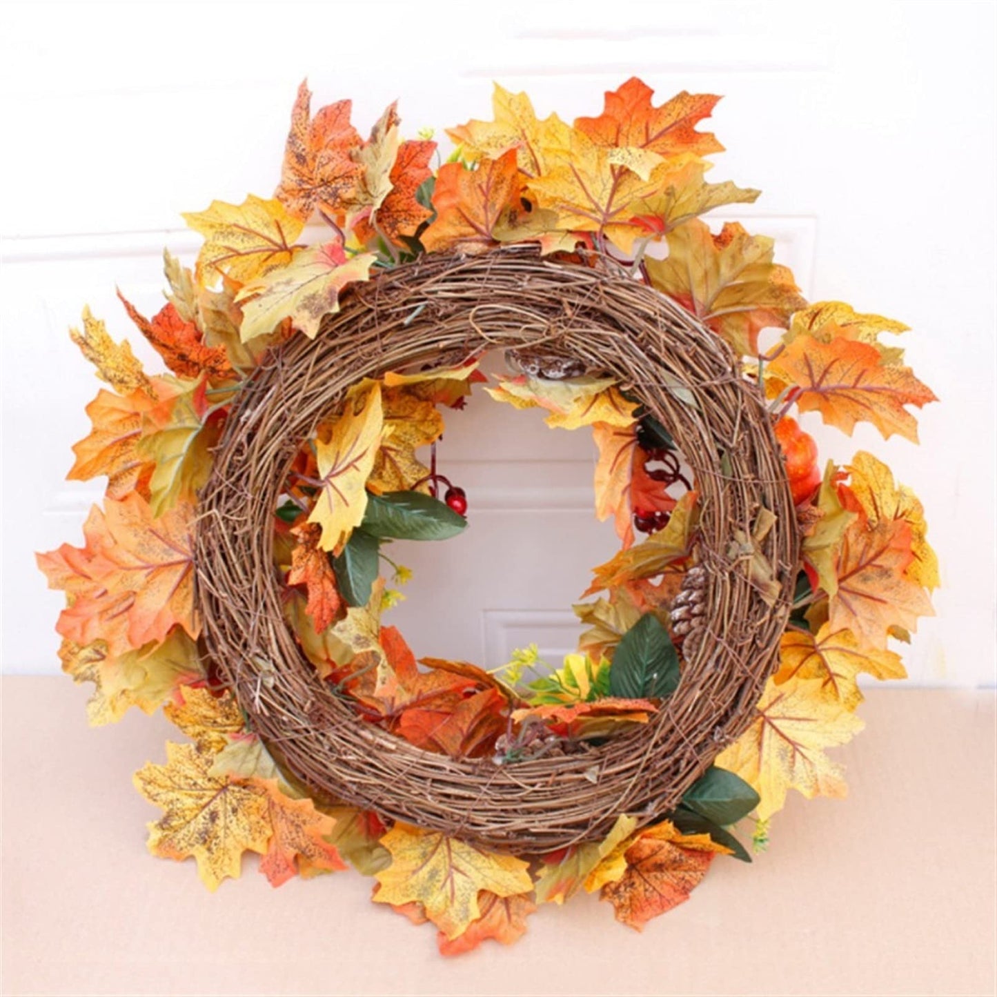 Christmas Wreath Autumn Theme Door Wreath Artificial Pumpkin Berries Pine Cone Maple Manmade Garland Cloth Rattan Material Home Decoration Holiday Decoration