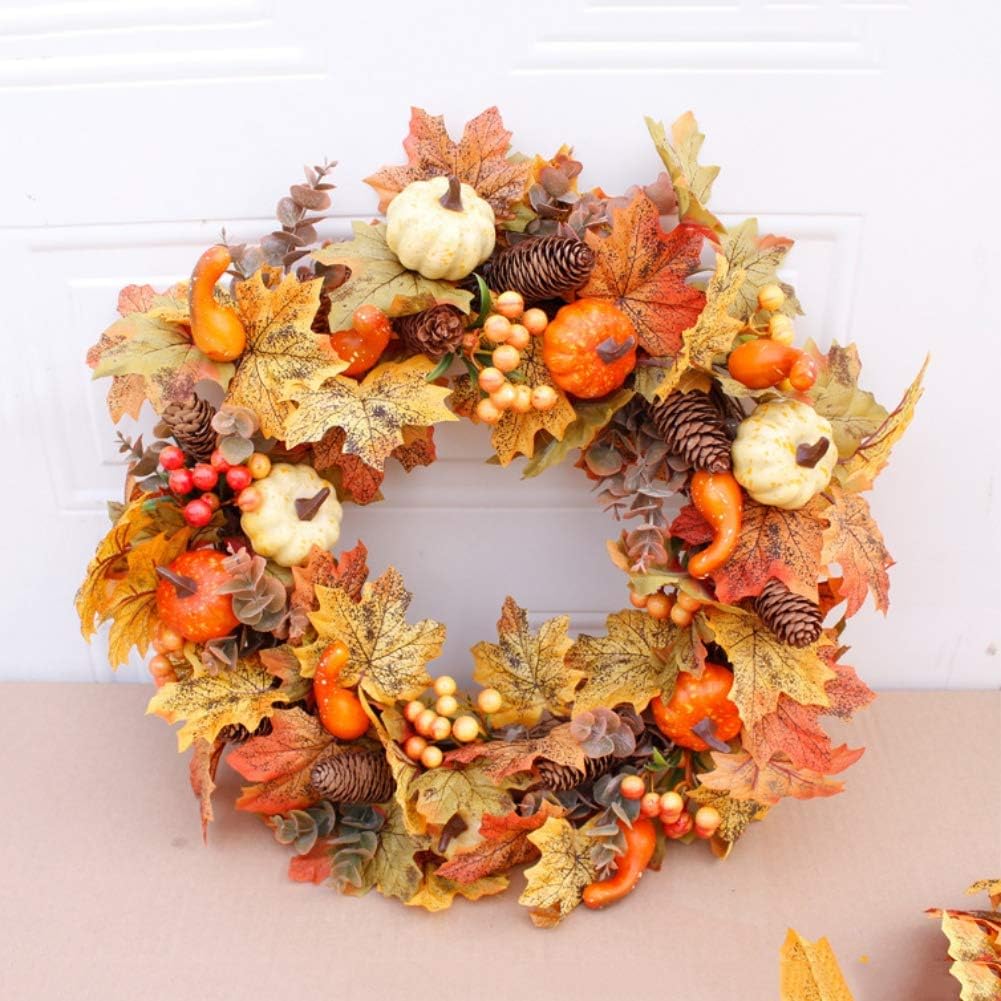 Fall Wreath 20 inch, Autumn Harvest Wreaths for Front Door Outside, Decoration with Maple Leaf, Pumpkin, Berries, for Thanksgiving Day, Halloween, Christmas