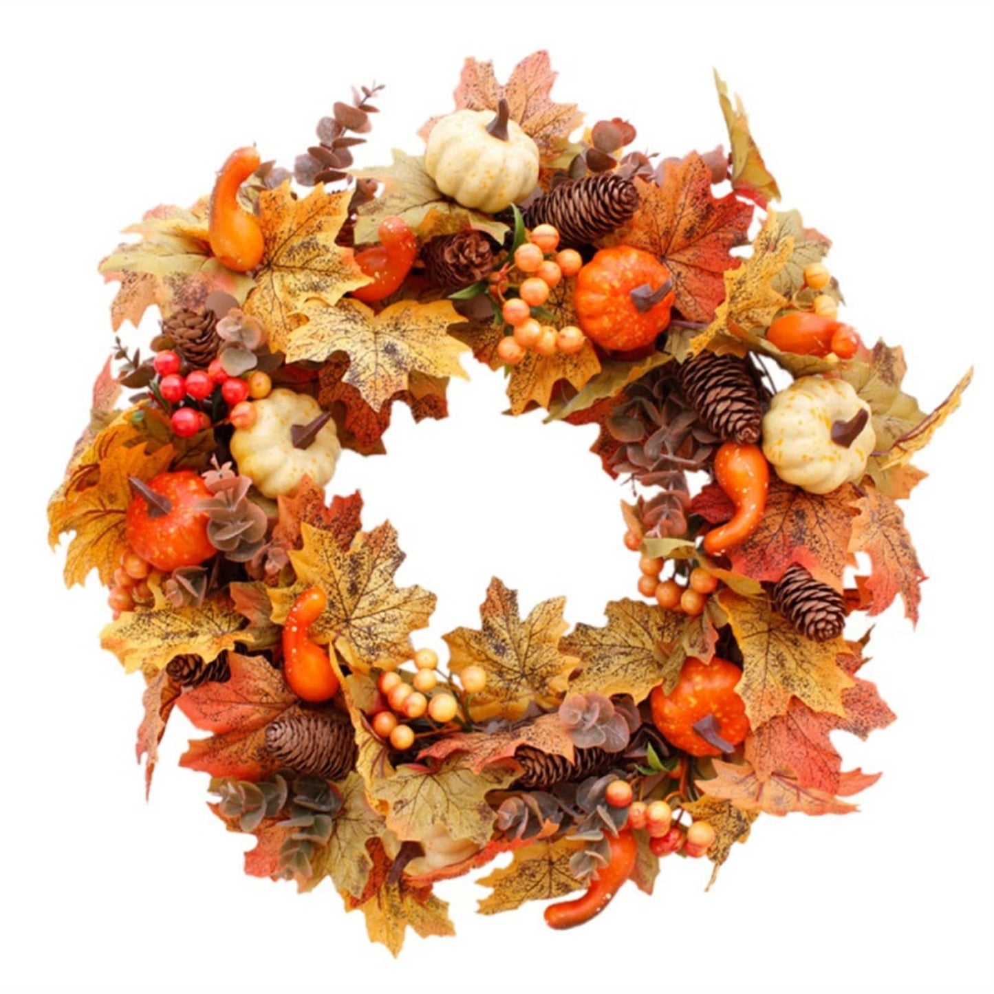 Christmas Wreath Autumn Theme Door Wreath Artificial Pumpkin Berries Pine Cone Maple Manmade Garland Cloth Rattan Material Home Decoration Holiday Decoration