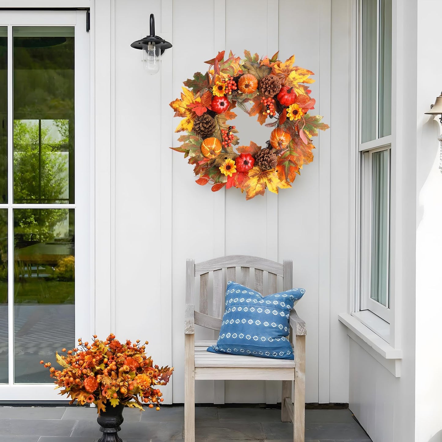 Fall Wreaths for Front Door, hogardeck 20" Fall Wreath with Pumpkins, Berries, Sunflowers, Artificial Maple Leaves & Pine Cones, Autumn Fall Decorations for Home, Window, Wall, Thanksgiving Decor