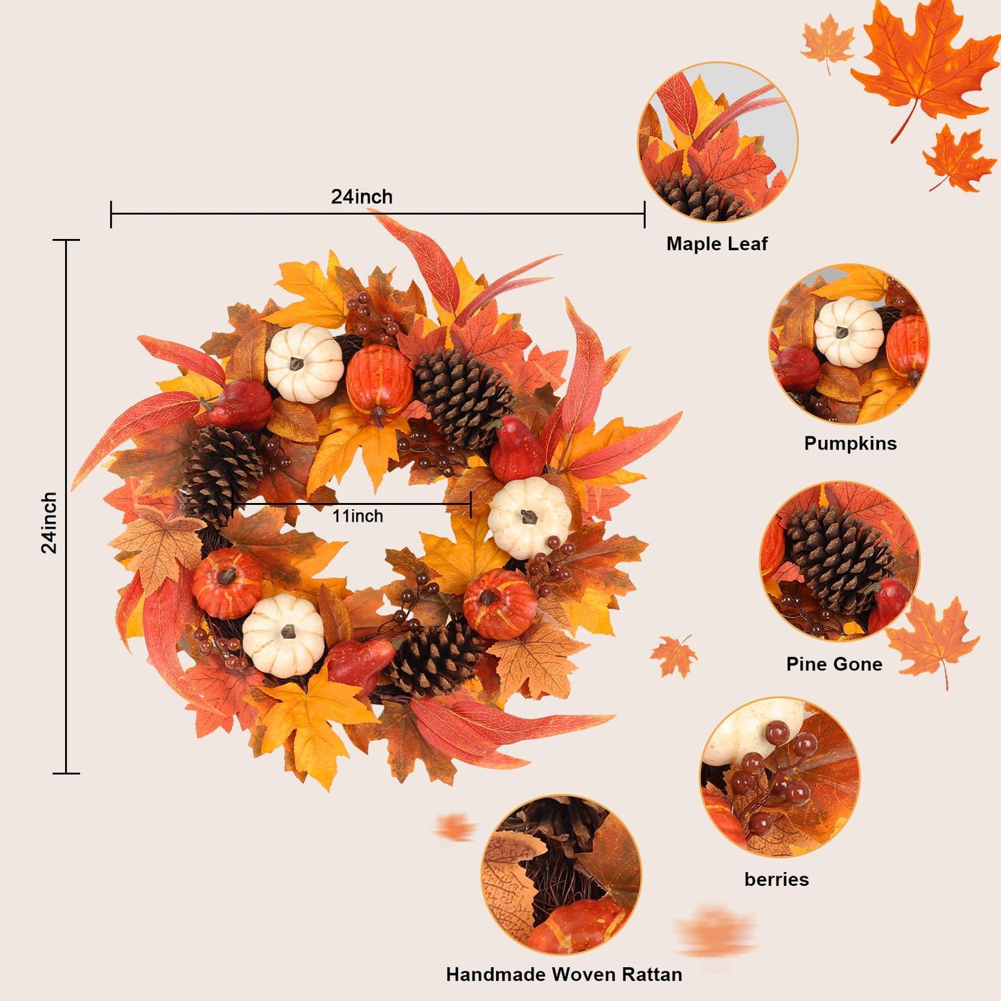 Fall Wreaths for Front Door, hogardeck 20" Fall Wreath with Pumpkins, Berries, Sunflowers, Artificial Maple Leaves & Pine Cones, Autumn Fall Decorations for Home, Window, Wall, Thanksgiving Decor