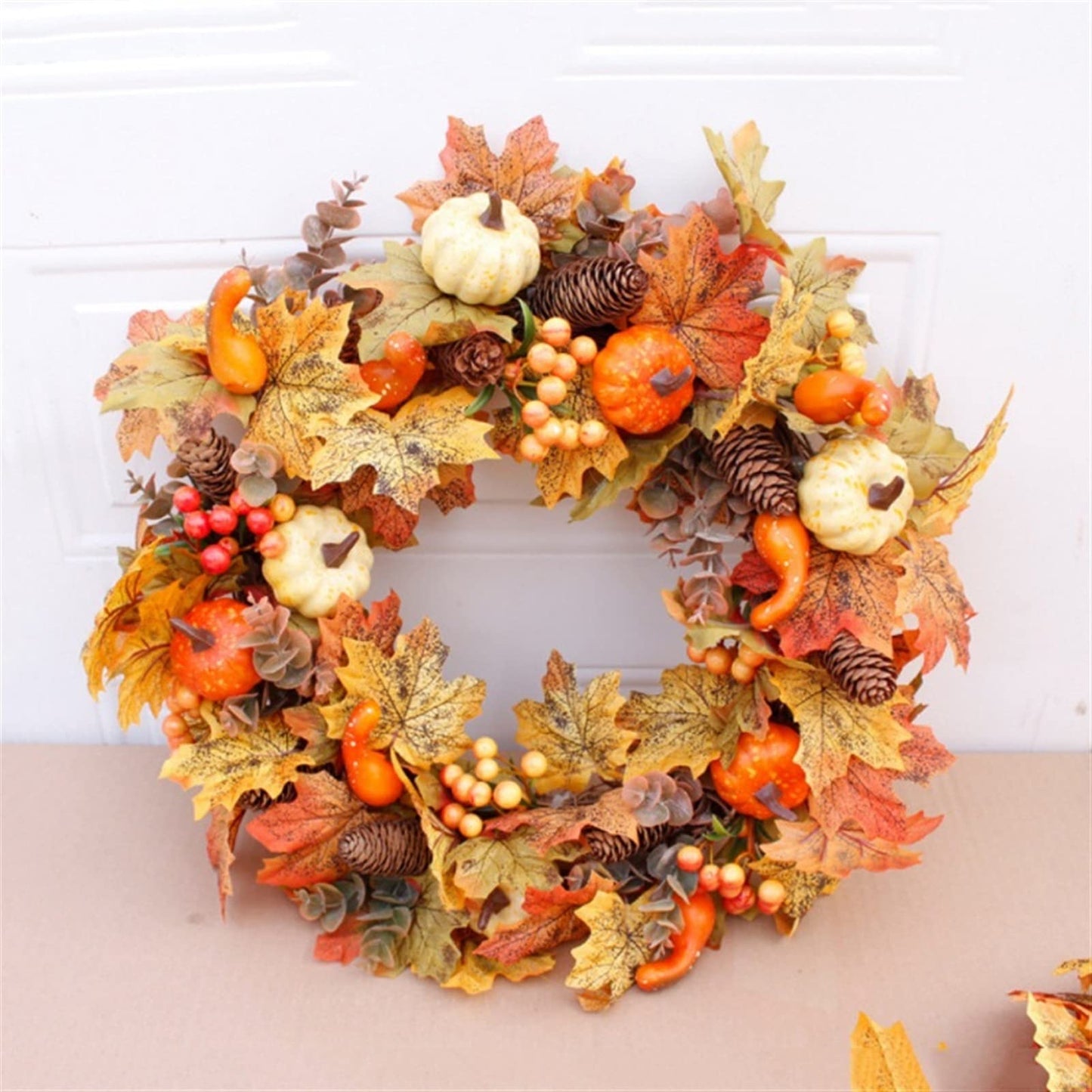 Christmas Wreath Autumn Theme Door Wreath Artificial Pumpkin Berries Pine Cone Maple Manmade Garland Cloth Rattan Material Home Decoration Holiday Decoration