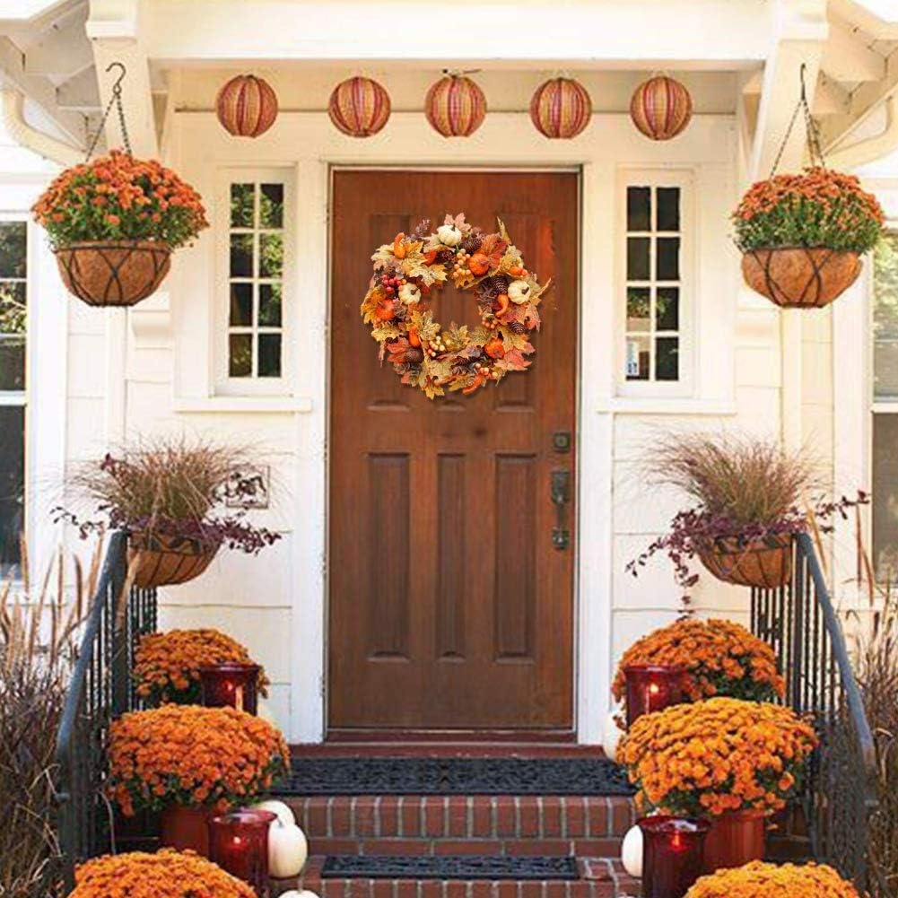 Fall Wreath 20 inch, Autumn Harvest Wreaths for Front Door Outside, Decoration with Maple Leaf, Pumpkin, Berries, for Thanksgiving Day, Halloween, Christmas