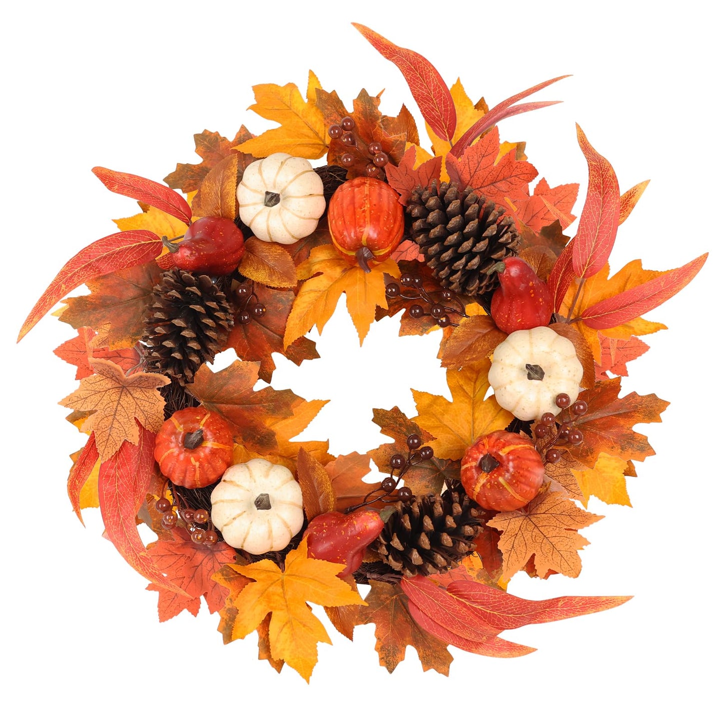 Fall Wreaths for Front Door, hogardeck 20" Fall Wreath with Pumpkins, Berries, Sunflowers, Artificial Maple Leaves & Pine Cones, Autumn Fall Decorations for Home, Window, Wall, Thanksgiving Decor