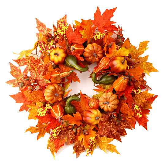 24 Inch Fall Wreaths for Front Door Outside, Fall Harvest Door Wreath with Pumpkins Berries Maple Leaves,Large Autumn Farmhouse Wreath for Thanksgiving Halloween Decorations Indoor Outdoor Home Decor