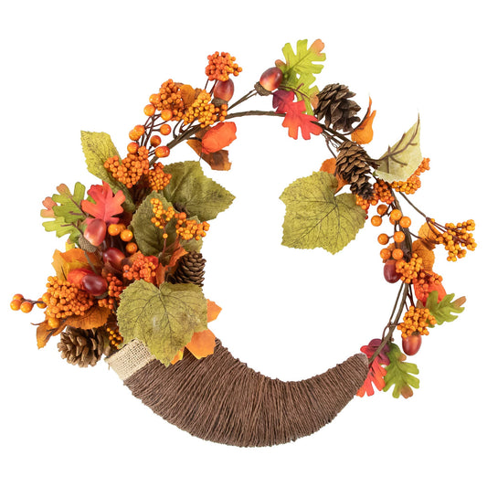 Northlight 20" Autumn Harvest Decorative Artificial Pinecones, Berries and Leaves Cornucopia Wreath - Unlit