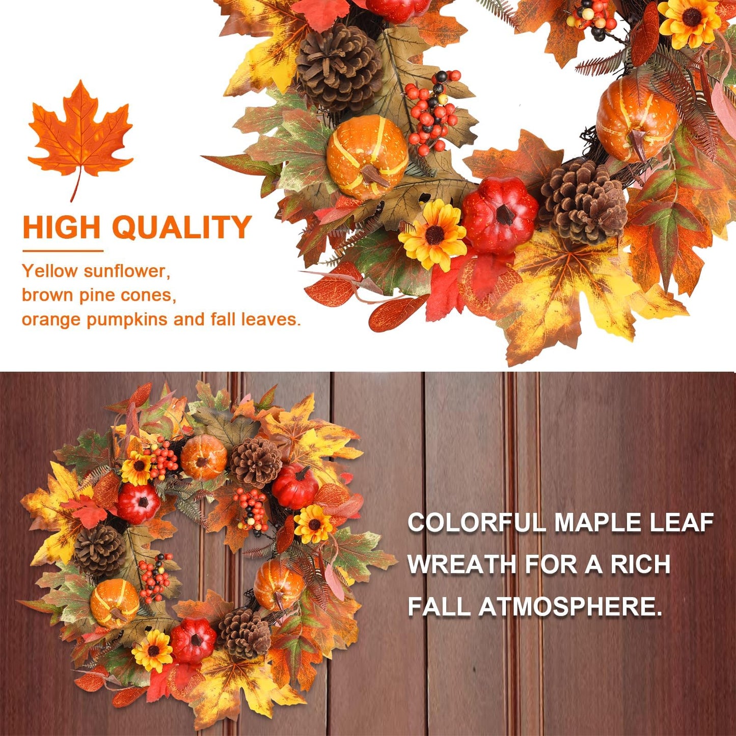 Fall Wreaths for Front Door, hogardeck 20" Fall Wreath with Pumpkins, Berries, Sunflowers, Artificial Maple Leaves & Pine Cones, Autumn Fall Decorations for Home, Window, Wall, Thanksgiving Decor