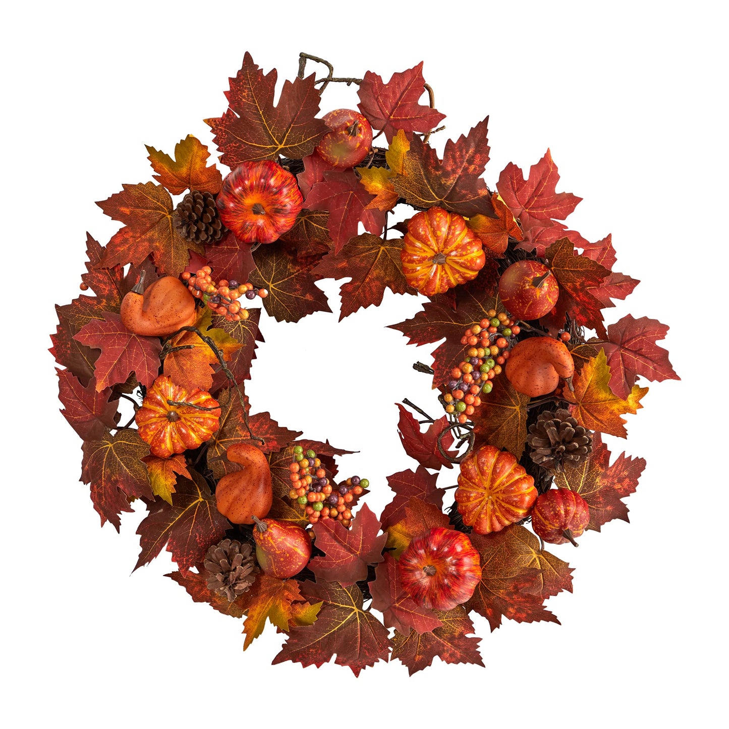 Nearly Natural 24in. Autumn Maple Leaves, Pumpkin, Pinecone and Berries Artificial Fall Wreath