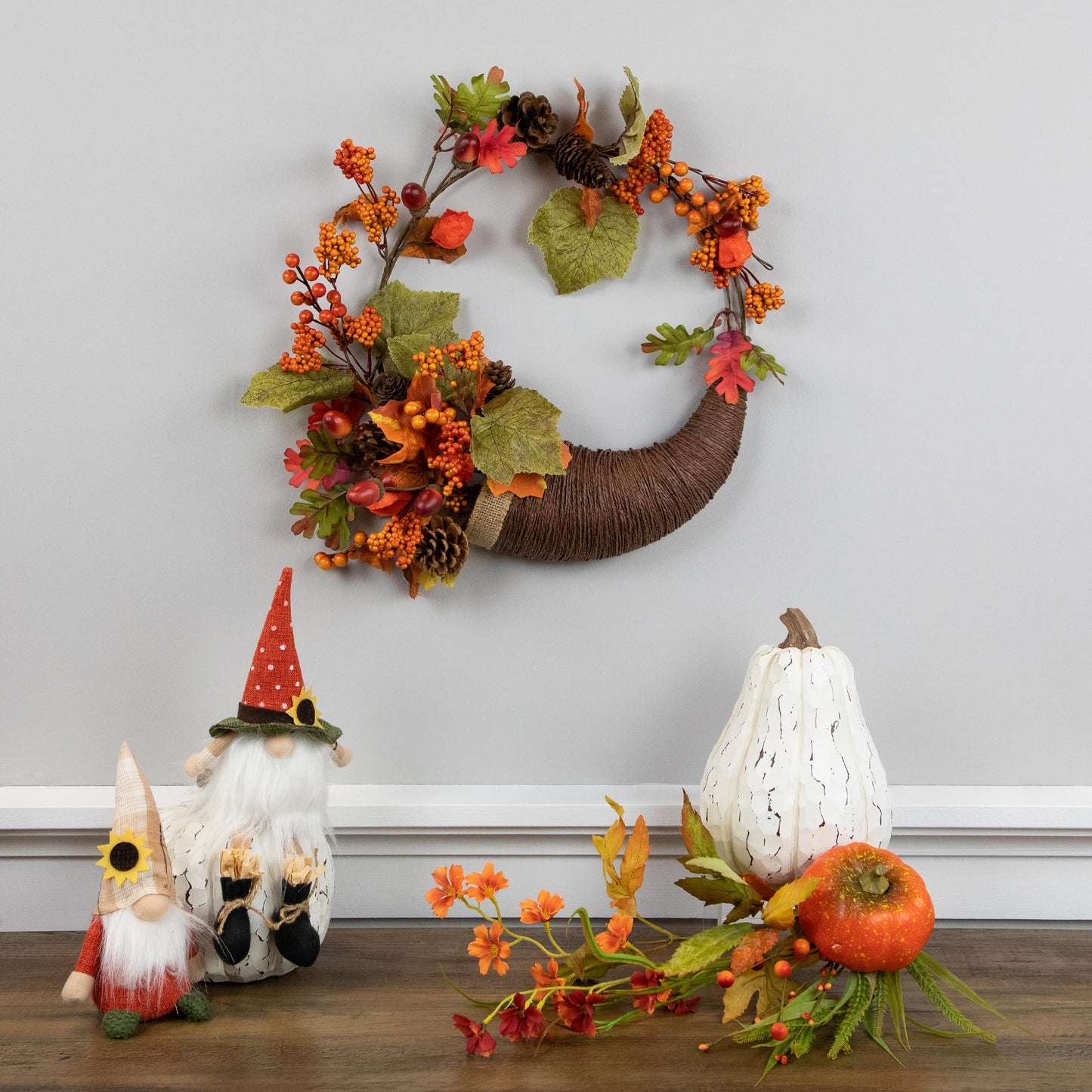 Northlight 20" Autumn Harvest Decorative Artificial Pinecones, Berries and Leaves Cornucopia Wreath - Unlit