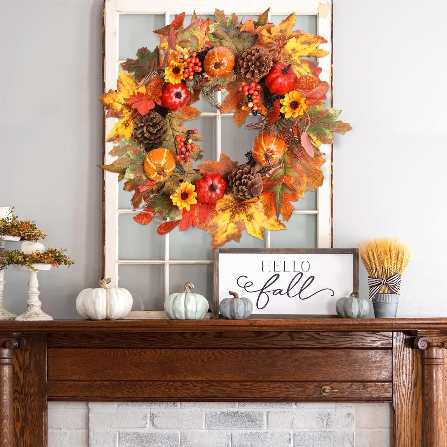 Fall Wreaths for Front Door, hogardeck 20" Fall Wreath with Pumpkins, Berries, Sunflowers, Artificial Maple Leaves & Pine Cones, Autumn Fall Decorations for Home, Window, Wall, Thanksgiving Decor