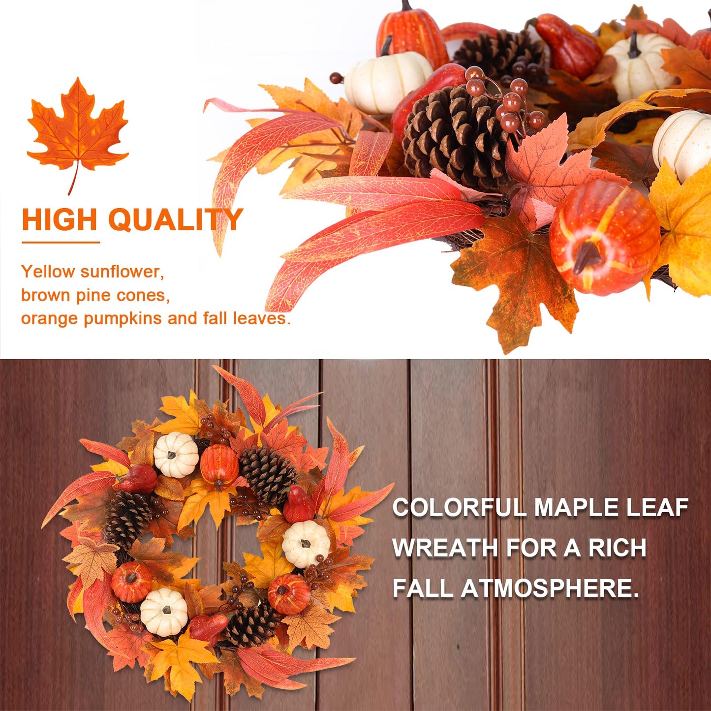 Fall Wreaths for Front Door, hogardeck 20" Fall Wreath with Pumpkins, Berries, Sunflowers, Artificial Maple Leaves & Pine Cones, Autumn Fall Decorations for Home, Window, Wall, Thanksgiving Decor