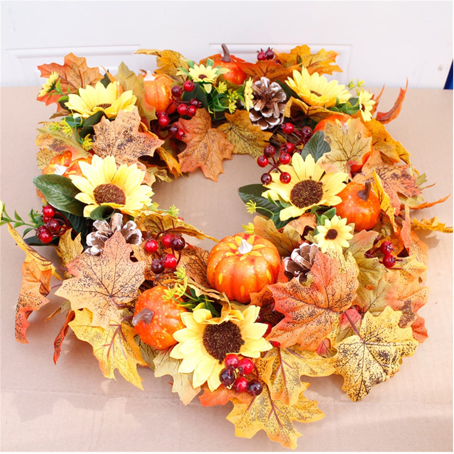 HAO 20 Inch Pumpkins Pinecone Wreath Fall Wreath for Front Door Berry Artificial Maples Leaves Wreath Autumn Harvest Wreath for Thanksgivings Halloween Decoration Indoor Outdoor Window Hanging (A1)