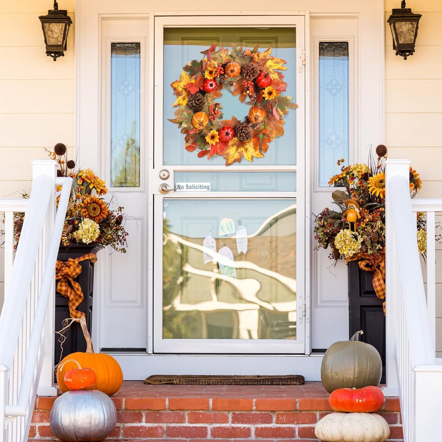 Fall Wreaths for Front Door, hogardeck 20" Fall Wreath with Pumpkins, Berries, Sunflowers, Artificial Maple Leaves & Pine Cones, Autumn Fall Decorations for Home, Window, Wall, Thanksgiving Decor