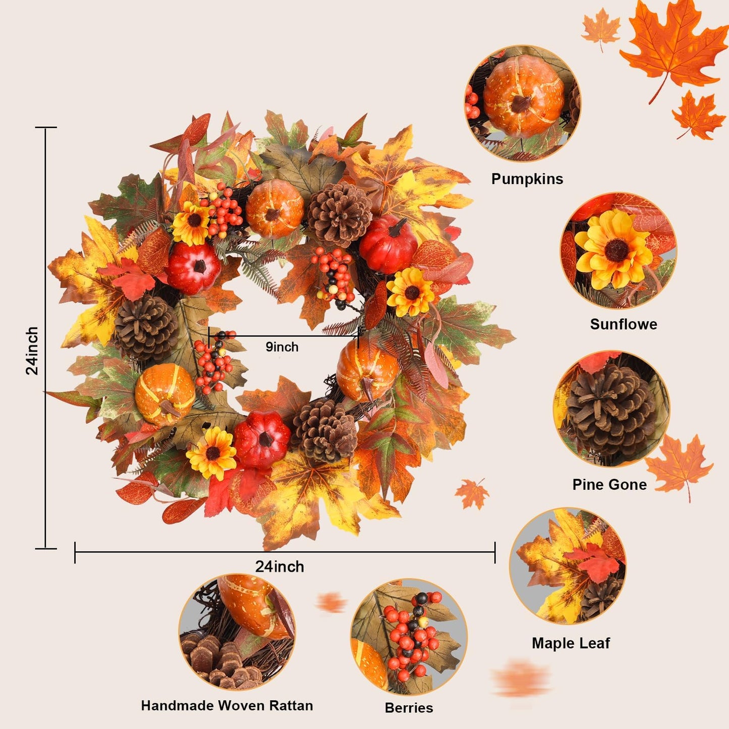 Fall Wreaths for Front Door, hogardeck 20" Fall Wreath with Pumpkins, Berries, Sunflowers, Artificial Maple Leaves & Pine Cones, Autumn Fall Decorations for Home, Window, Wall, Thanksgiving Decor