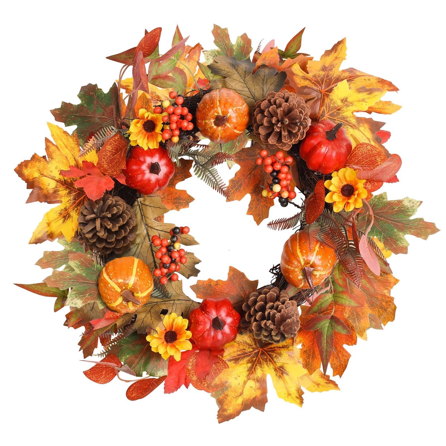 Fall Wreaths for Front Door, hogardeck 20" Fall Wreath with Pumpkins, Berries, Sunflowers, Artificial Maple Leaves & Pine Cones, Autumn Fall Decorations for Home, Window, Wall, Thanksgiving Decor