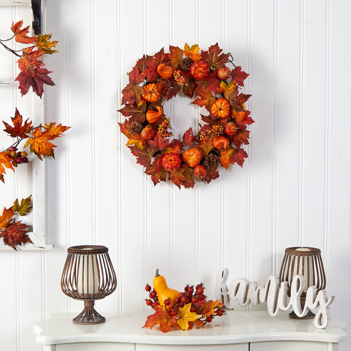 Nearly Natural 24in. Autumn Maple Leaves, Pumpkin, Pinecone and Berries Artificial Fall Wreath