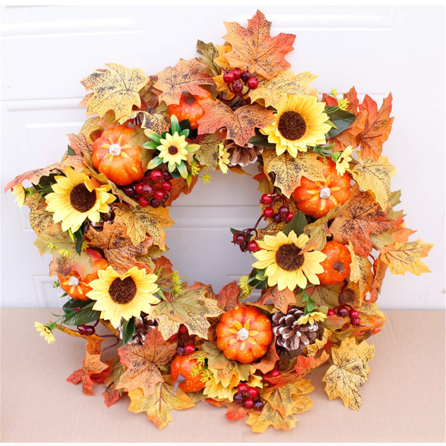 HAO 20 Inch Pumpkins Pinecone Wreath Fall Wreath for Front Door Berry Artificial Maples Leaves Wreath Autumn Harvest Wreath for Thanksgivings Halloween Decoration Indoor Outdoor Window Hanging (A1)