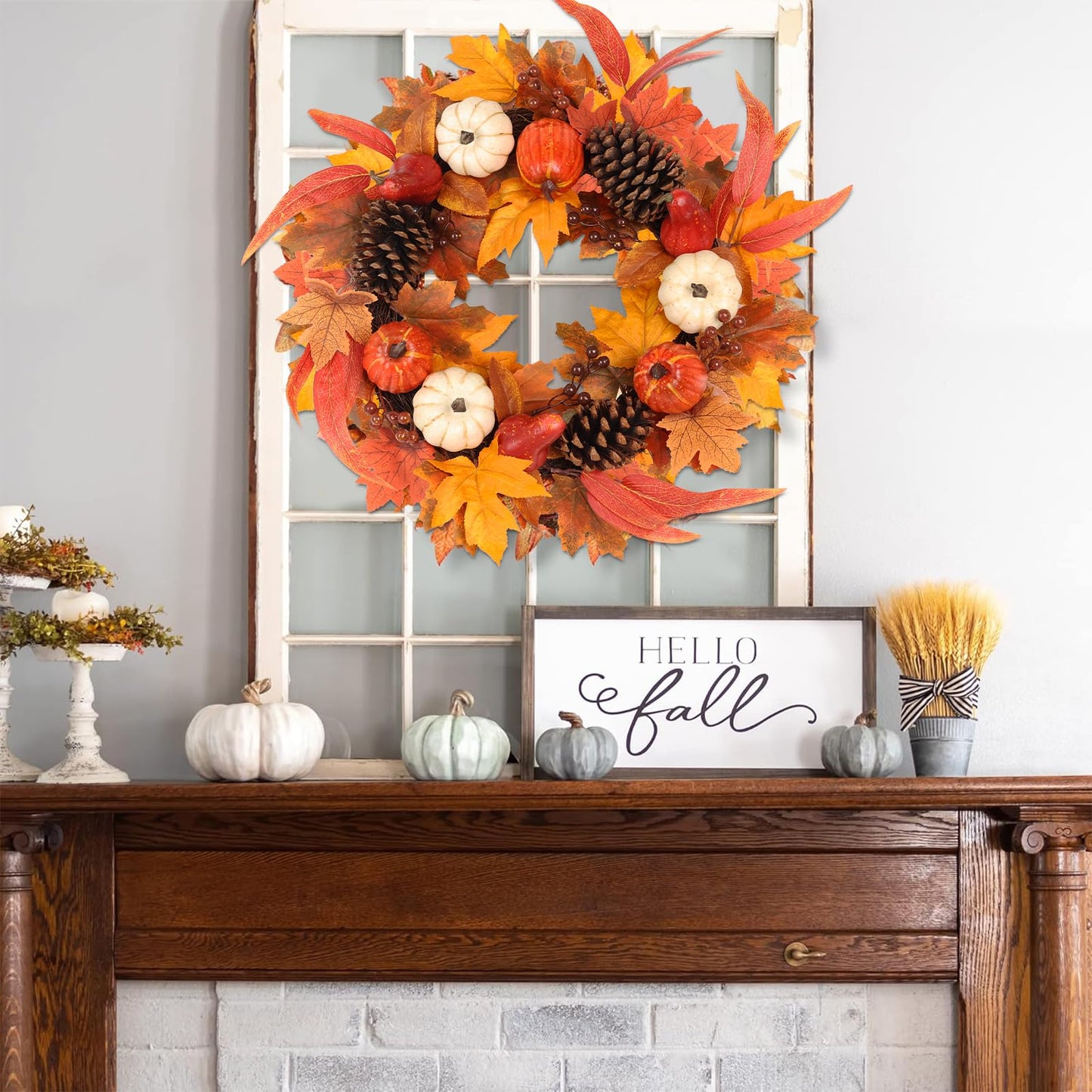 Fall Wreaths for Front Door, hogardeck 20" Fall Wreath with Pumpkins, Berries, Sunflowers, Artificial Maple Leaves & Pine Cones, Autumn Fall Decorations for Home, Window, Wall, Thanksgiving Decor