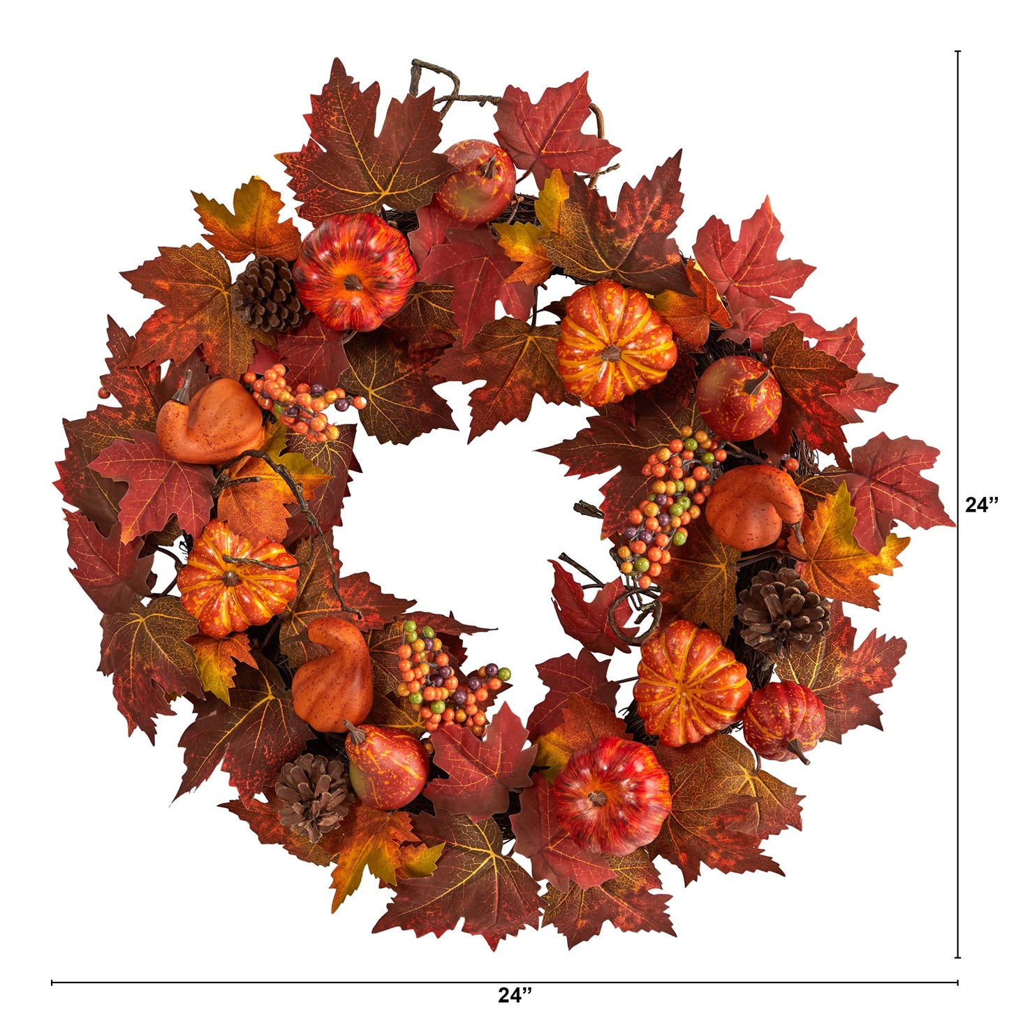 Nearly Natural 24in. Autumn Maple Leaves, Pumpkin, Pinecone and Berries Artificial Fall Wreath